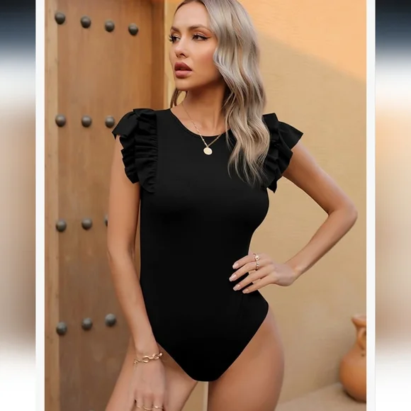 Amazon Missufe Flutter Sleeve Bodysuit Ribbed Black Skims Casual Shapewear - Picture 2 of 16